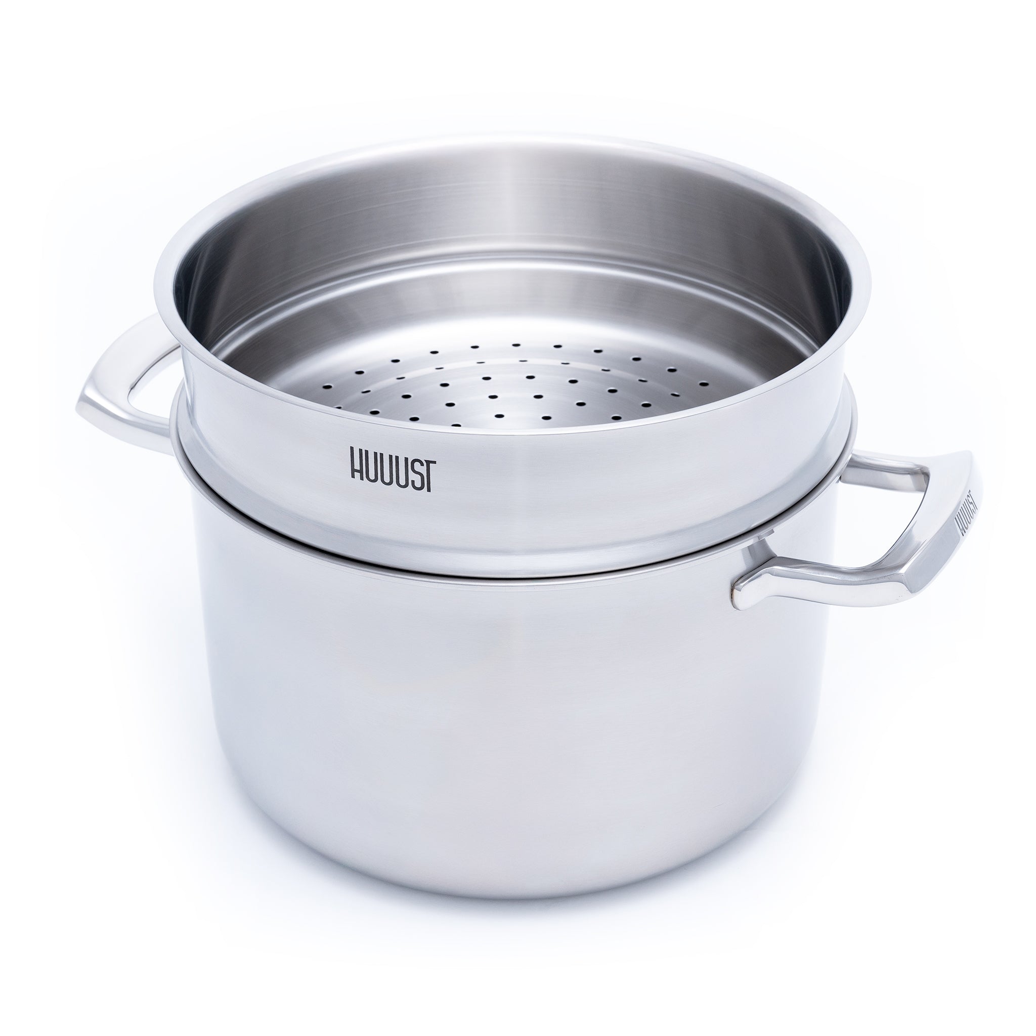 Nerezový napařovák pro zdravou přípravu pokrmů v páře, vhodný jako doplněk k hrncům různých velikostí.