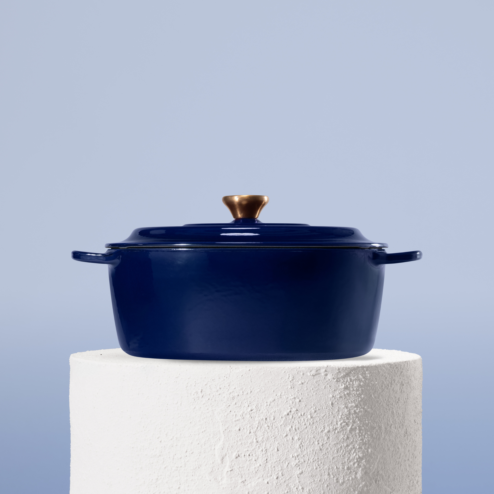 Profesionální oválný hrnec z litiny, 28 cm, smaltovaná úprava pro snadné čištění. Vhodný na všechny typy sporáků. Barva: modrá.